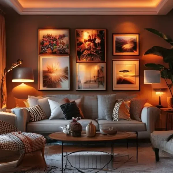 Sala de estar elegantemente decorada com quadros e posters.