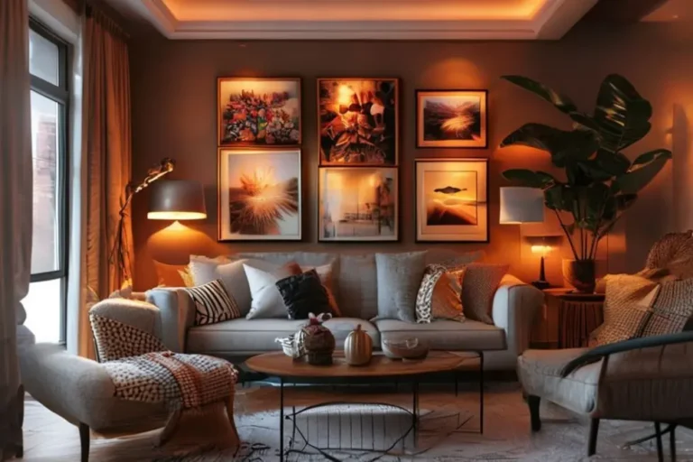 Sala de estar elegantemente decorada com quadros e posters.