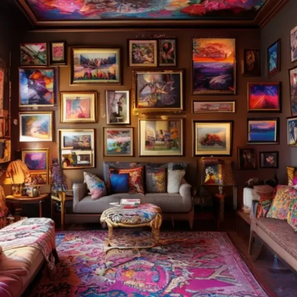 Sala decorada com quadros e posters variados.