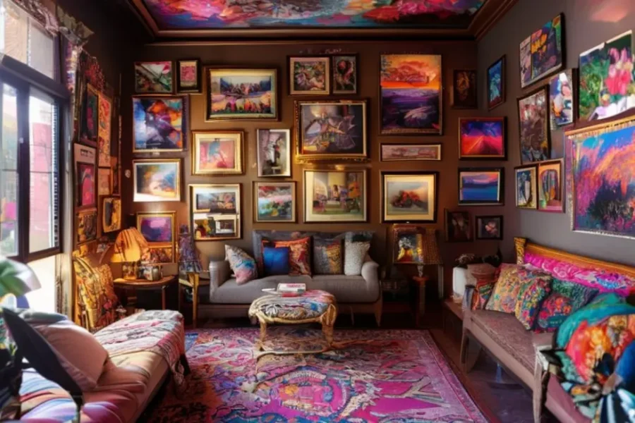 Sala decorada com quadros e posters variados.