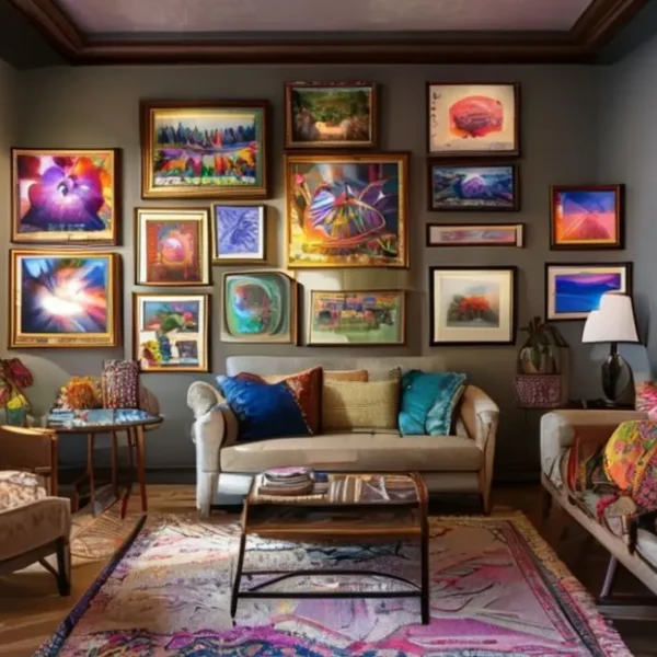 Várias obras de arte emolduradas, decorando um ambiente acolhedor.