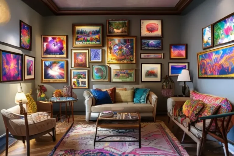 Várias obras de arte emolduradas, decorando um ambiente acolhedor.