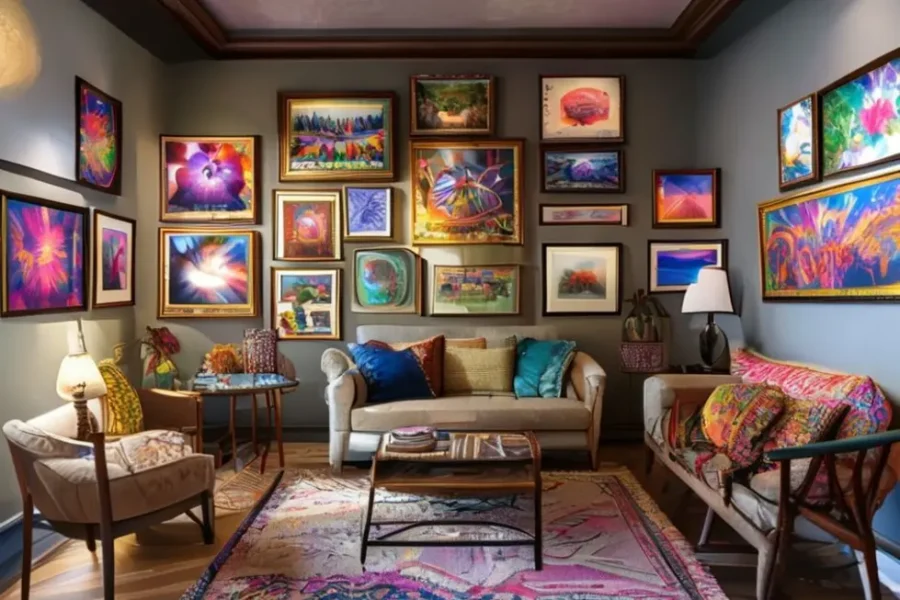 Várias obras de arte emolduradas, decorando um ambiente acolhedor.