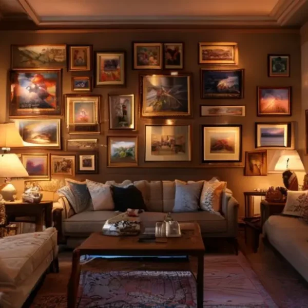 Espaço decorado com uma variedade de quadros e posters em um ambiente acolhedor.