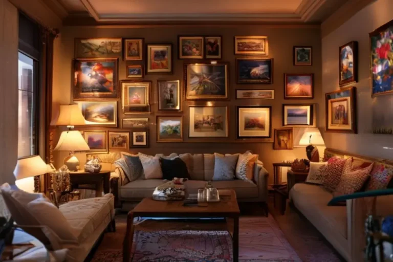 Espaço decorado com uma variedade de quadros e posters em um ambiente acolhedor.