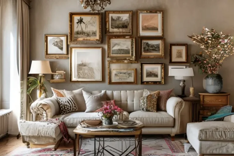 Sala de estar com arranjo artístico de quadros nas paredes, mostrando uma decoração única.