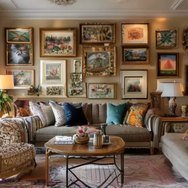 Sala decorada com arte nas paredes.