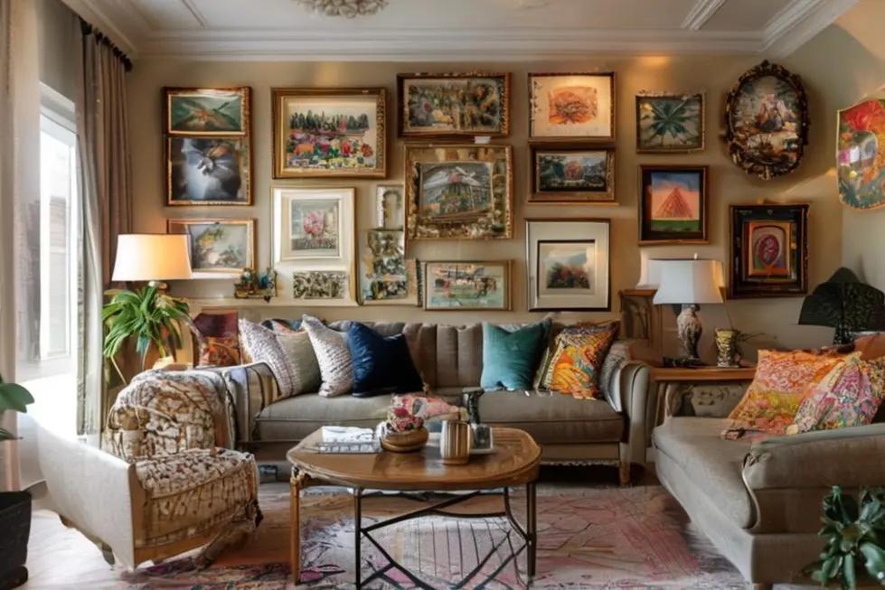 Sala decorada com arte nas paredes.