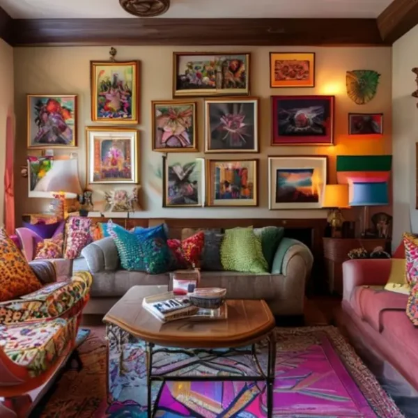 Interior acolhedor de uma casa, destacando quadros e posters na decoração.