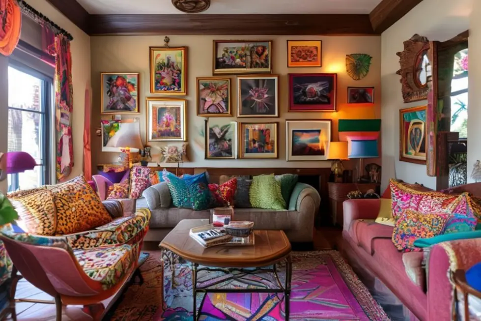 Interior acolhedor de uma casa, destacando quadros e posters na decoração.