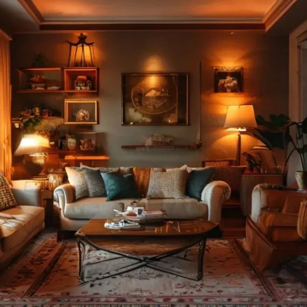 Uma sala de estar decorada com estilo moderno e vintage.