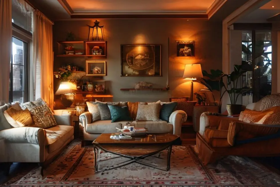 Uma sala de estar decorada com estilo moderno e vintage.