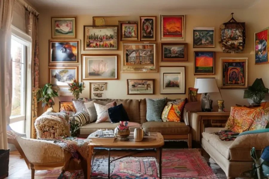 Sala de estar decorada com quadros e posters exclusivos