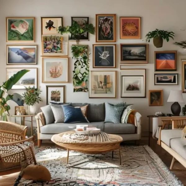 Interiores de casa decorados com quadros e plantas.