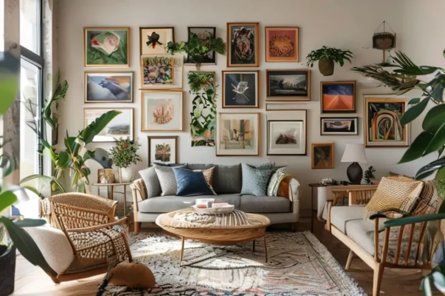 Interiores de casa decorados com quadros e plantas.