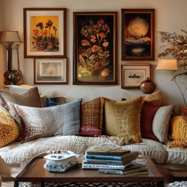 Ambiente interno acolhedor com decoração de quadros e posters.