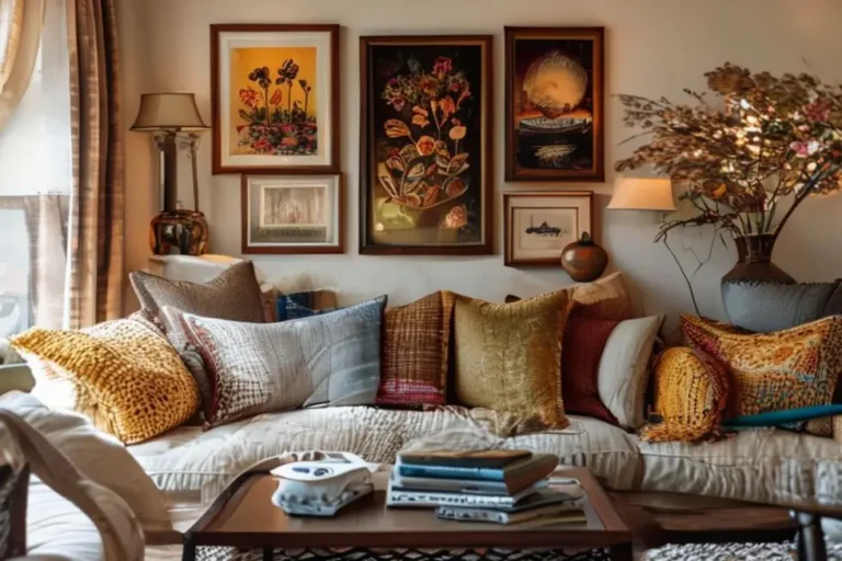 Ambiente interno acolhedor com decoração de quadros e posters.