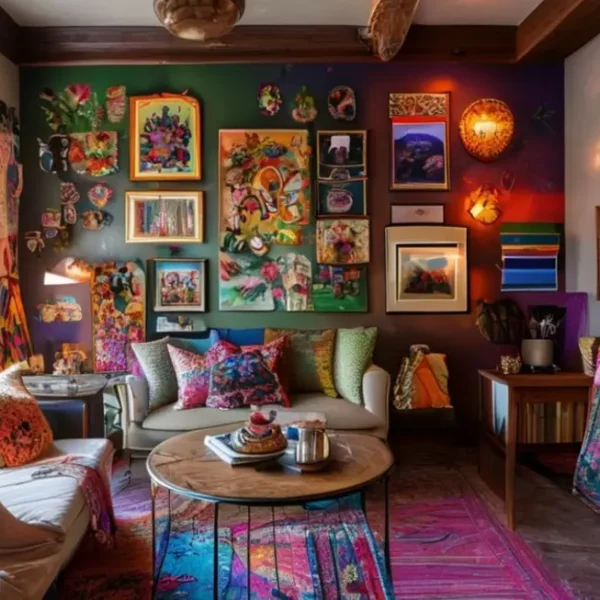 Casa com decoração cheia de quadros e posters artísticos.