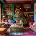 Interior de casa decorado com mistura de cores e texturas criando um espaço convidativo.