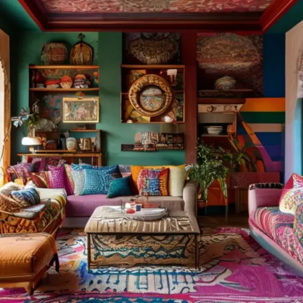 Interior de casa decorado com mistura de cores e texturas criando um espaço convidativo.