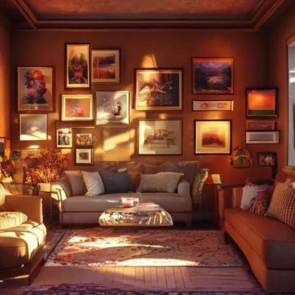 Interior de casa decorado com quadros e posters.