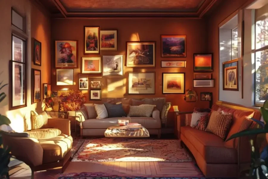 Interior de casa decorado com quadros e posters.