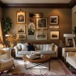 Interior de casa decorado com quadros e móveis elegantes.