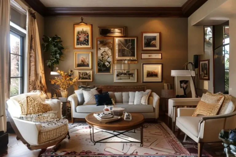 Interior de casa decorado com quadros e móveis elegantes.