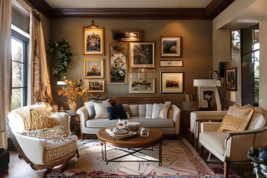 Interior de casa decorado com quadros e móveis elegantes.