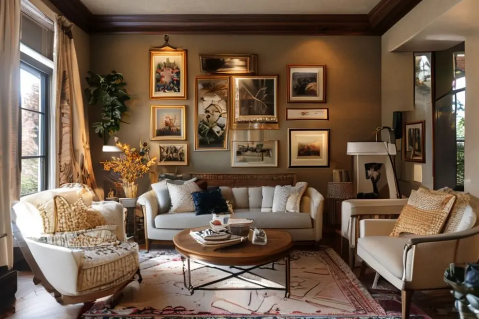 Interior de casa decorado com quadros e móveis elegantes.