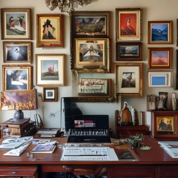 Um escritório em casa decorado com uma variedade de quadros e fotografias que expressam estilo e personalidade.