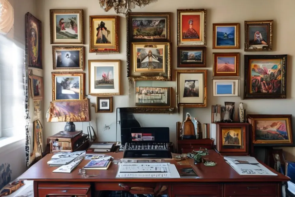 Um escritório em casa decorado com uma variedade de quadros e fotografias que expressam estilo e personalidade.