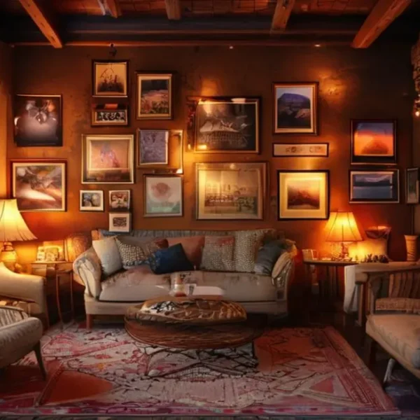 Espaço decorado com quadros e posters, criando um ambiente acolhedor.