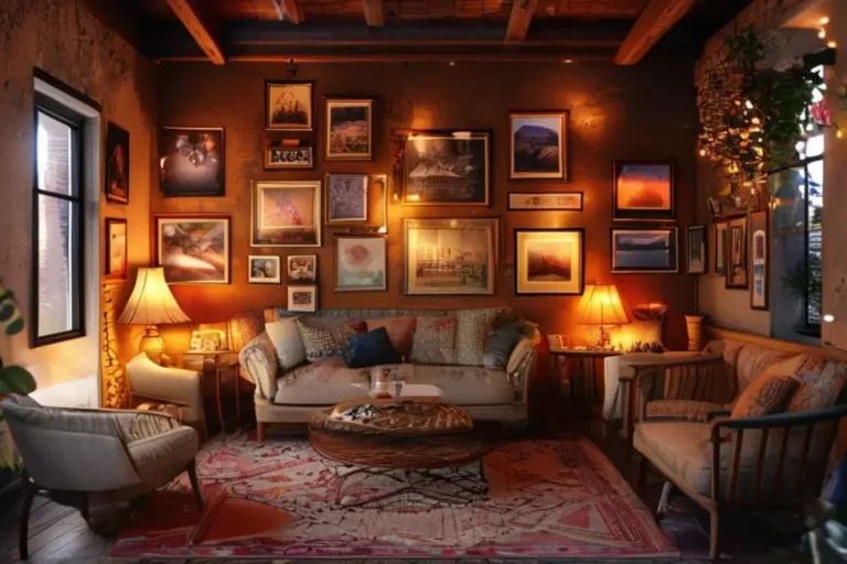 Espaço decorado com quadros e posters, criando um ambiente acolhedor.