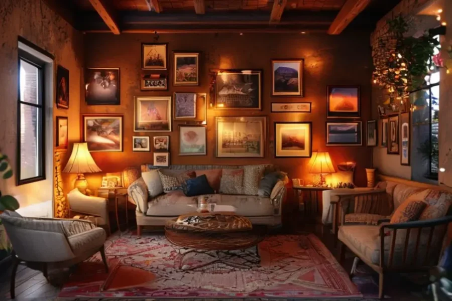 Espaço decorado com quadros e posters, criando um ambiente acolhedor.