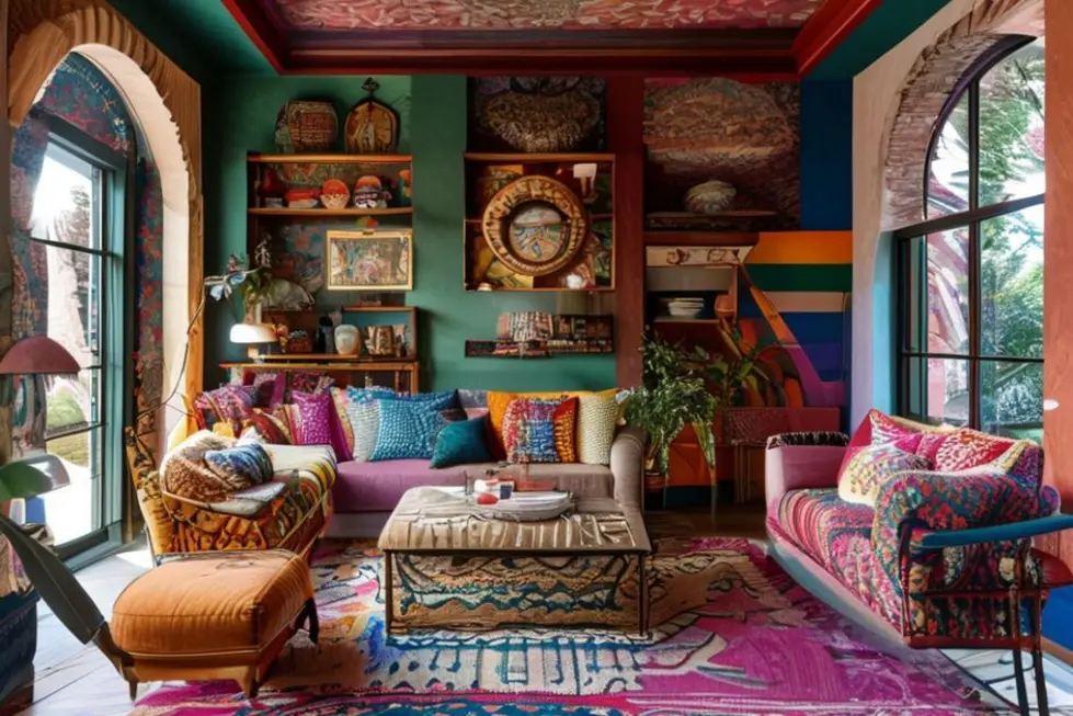 Interior de casa decorado com mistura de cores e texturas criando um espaço convidativo.