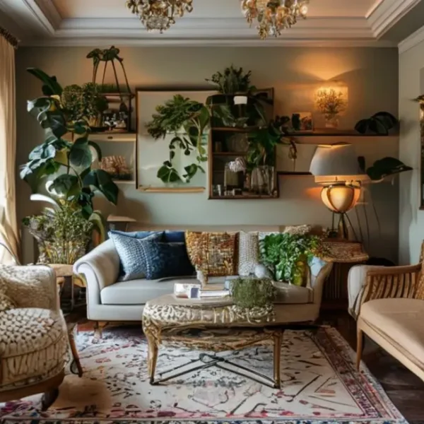 Canto de uma sala de estar decorado com elementos modernos e aconchegantes.