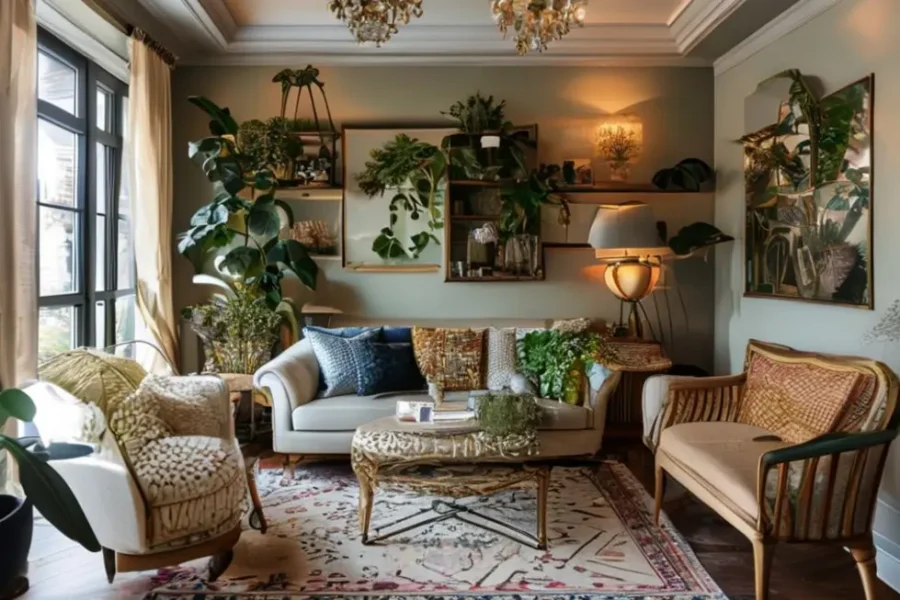 Canto de uma sala de estar decorado com elementos modernos e aconchegantes.