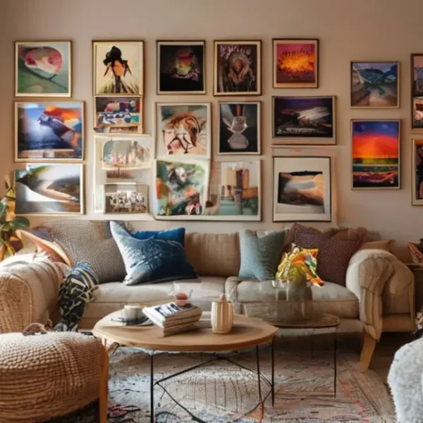 Uma sala de estar aconchegante com arte nas paredes.