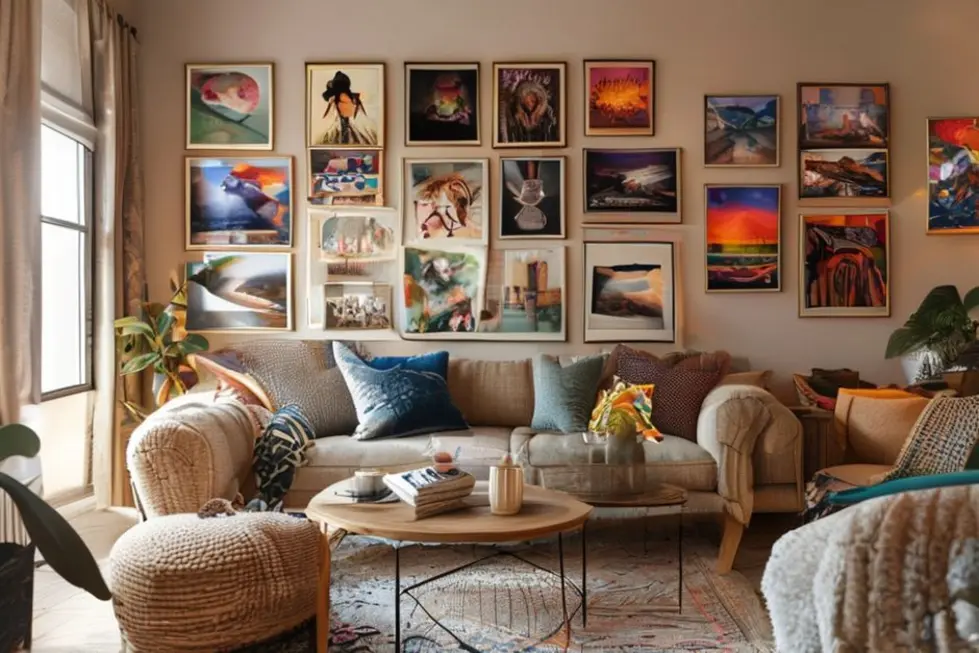 Uma sala de estar aconchegante com arte nas paredes.