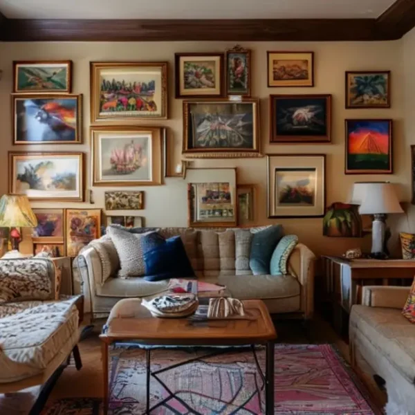Sala de estar decorada com quadros e arte.