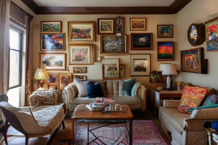 Sala de estar decorada com quadros e arte.