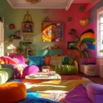 Espaço de vida vibrante e acolhedor com elementos decorativos criativos.