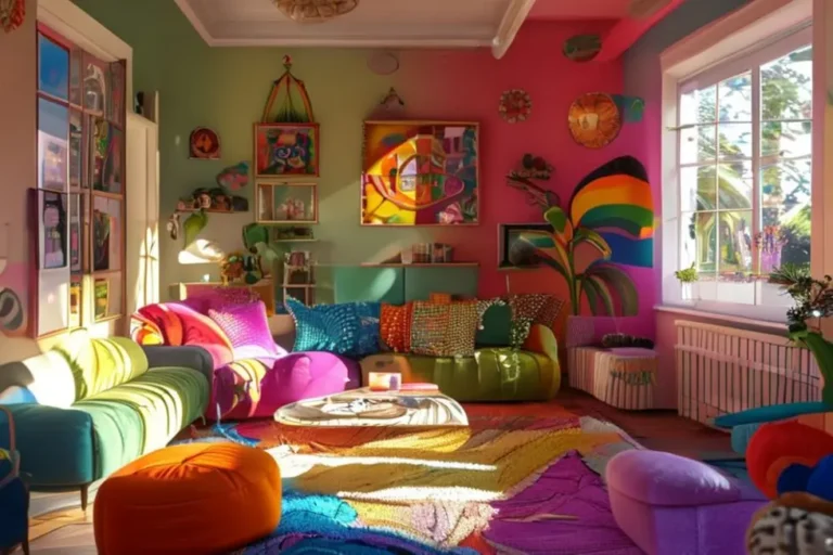 Espaço de vida vibrante e acolhedor com elementos decorativos criativos.