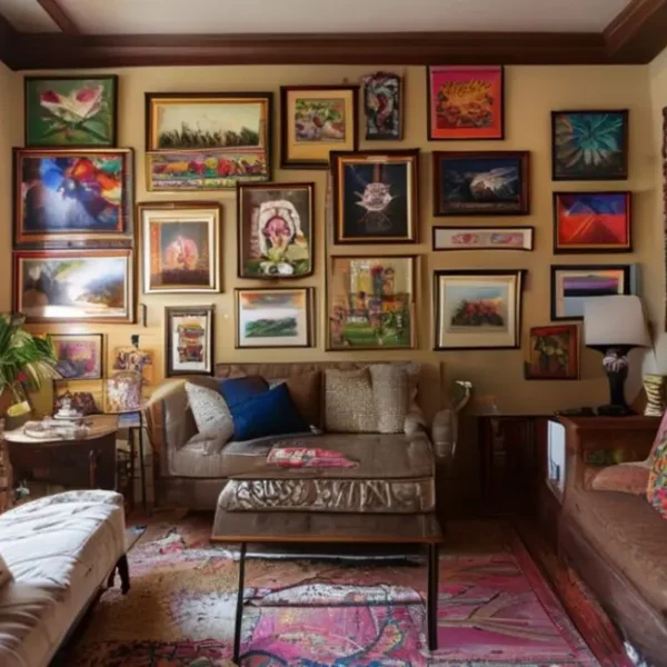 Um ambiente bem decorado com peças de arte emolduradas e posters.