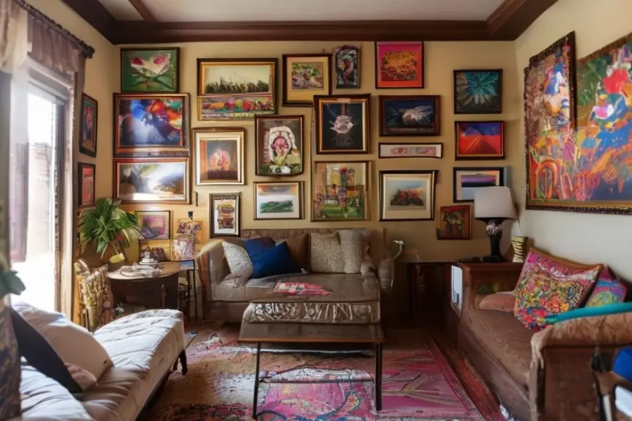 Um ambiente bem decorado com peças de arte emolduradas e posters.