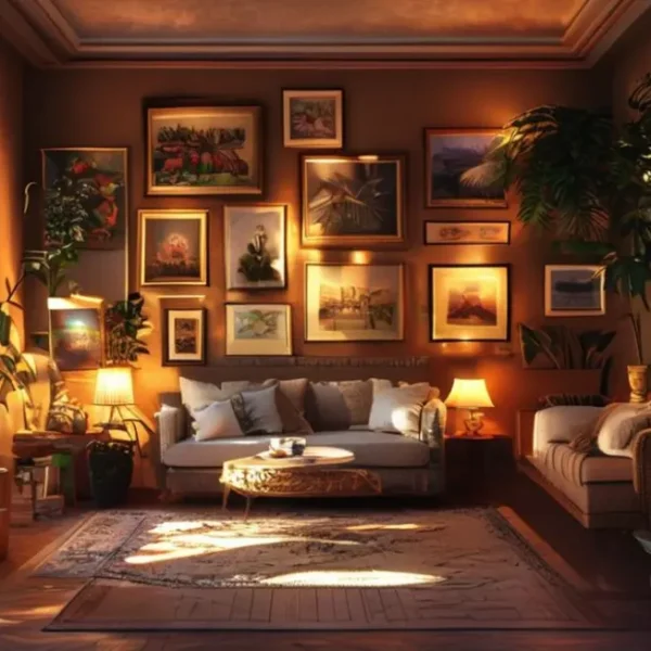 Uma sala com decoração harmoniosa, incluindo quadros e elementos verdes.