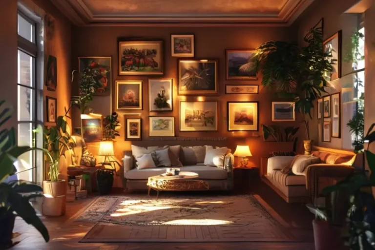 Uma sala com decoração harmoniosa, incluindo quadros e elementos verdes.