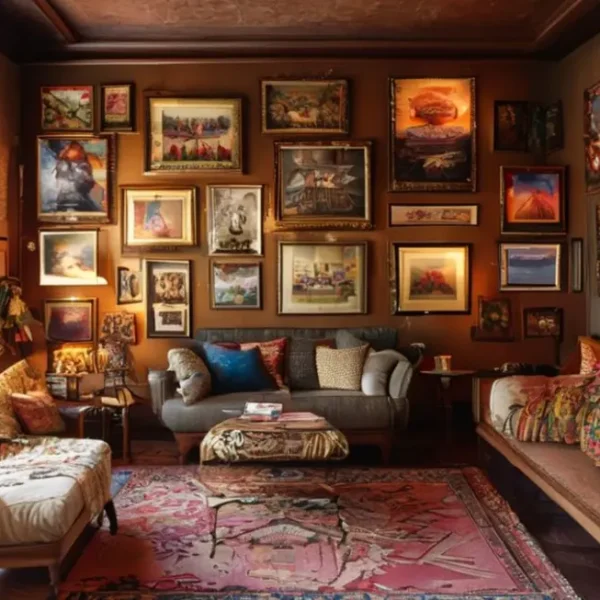 Um cômodo decorado com arte e posters que refletem estilo.