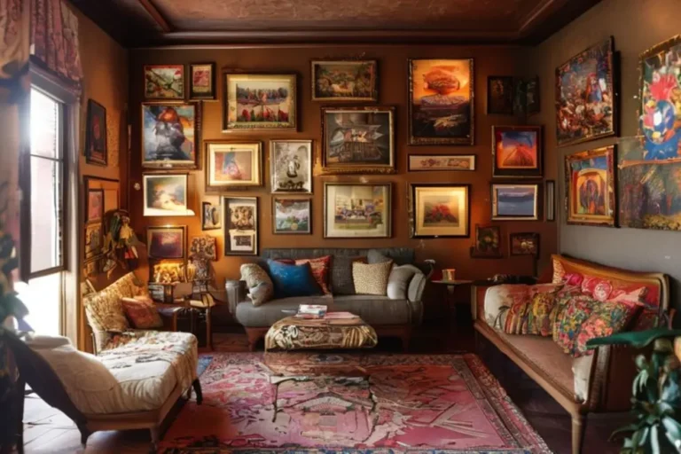 Um cômodo decorado com arte e posters que refletem estilo.